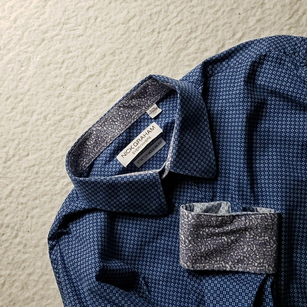 Nick Graham Dress Shirt Mens XL Blue Geometric Regular Fit Stretch Long Sleeve